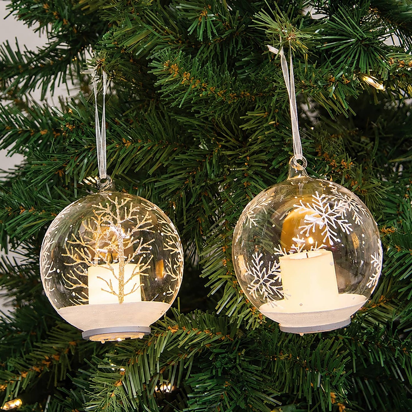4" Winter Pattern Bulb Ornament w/LED Candle - 2 Assorted