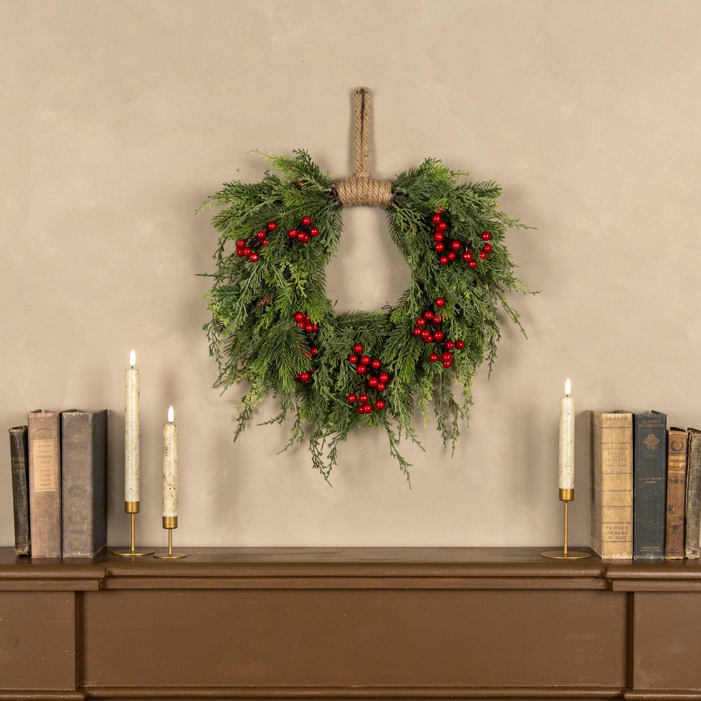 28" PINE, CEDAR & BERRIES HANGING WREATH