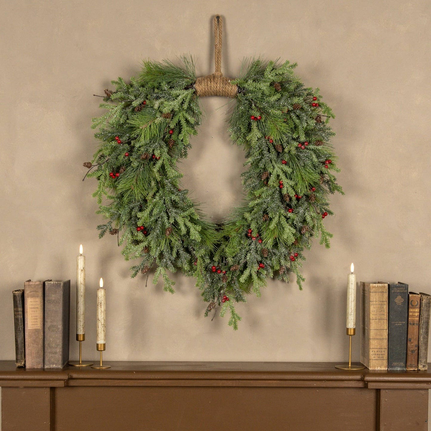 30" GLITTERED PINE & RED BERRY HANGING WREATH