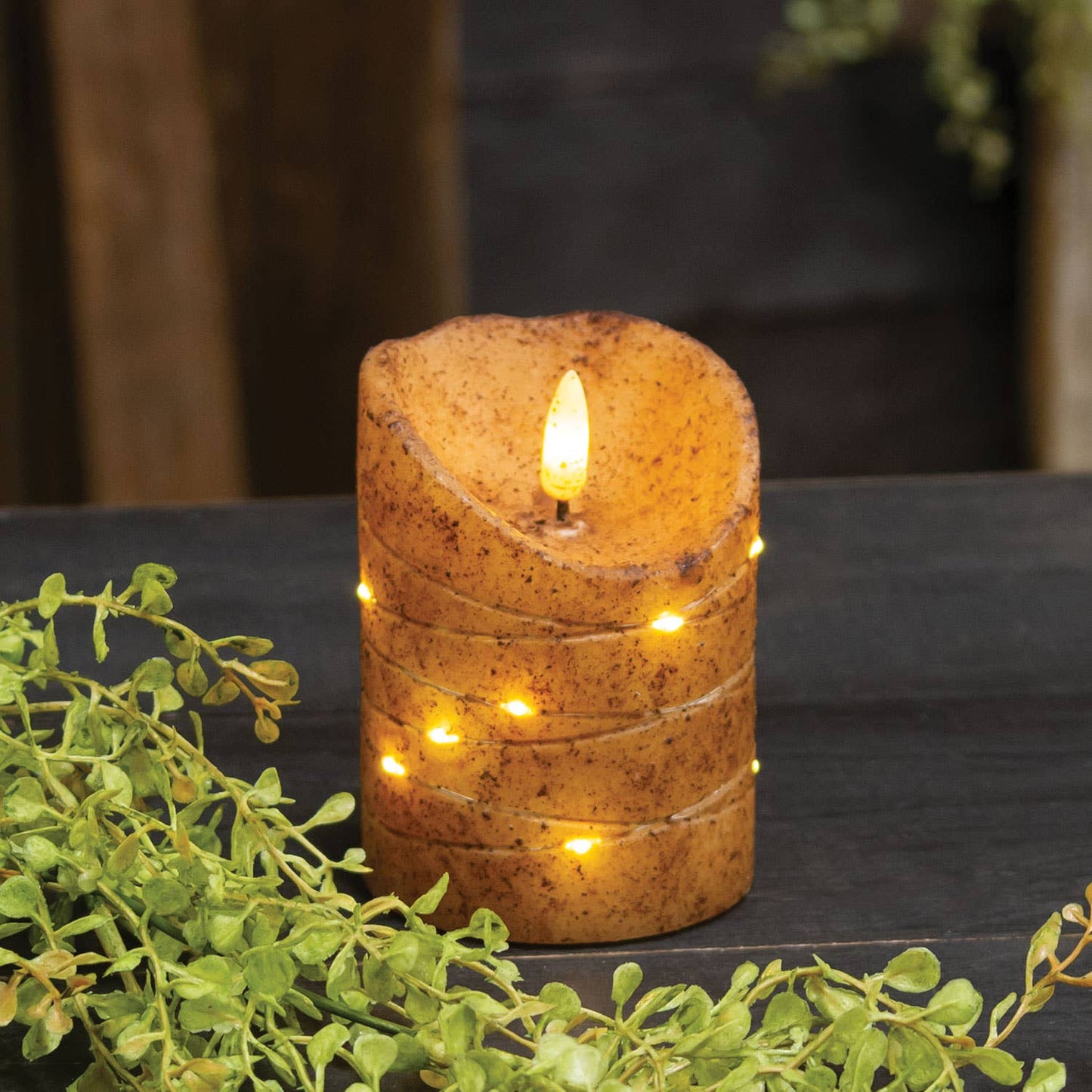 Burnt Ivory LED Wrapped Flicker Flame Timer Pillar, 4"