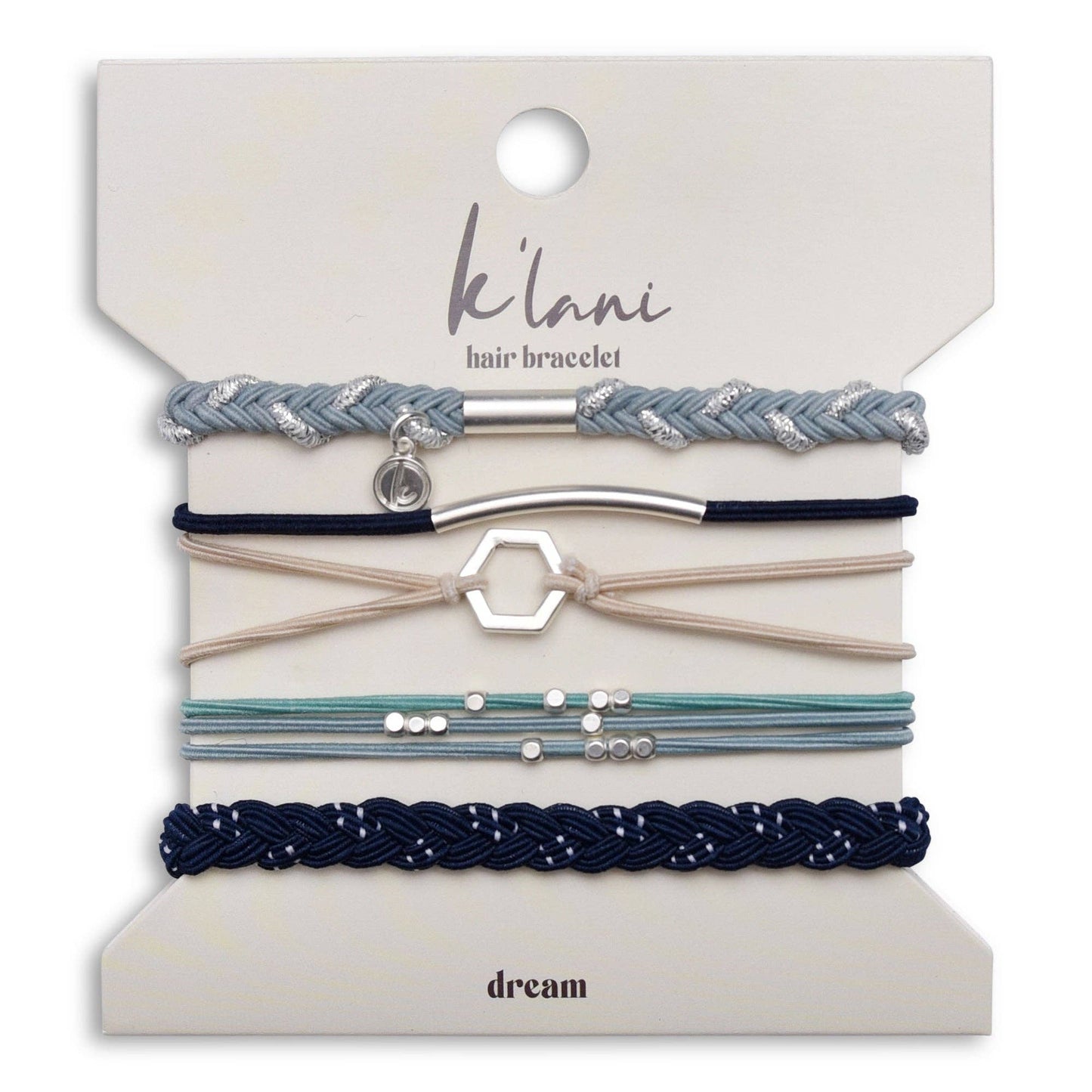 "Dream" Silver Hexagon Charm Blue Hair Tie Bracelets