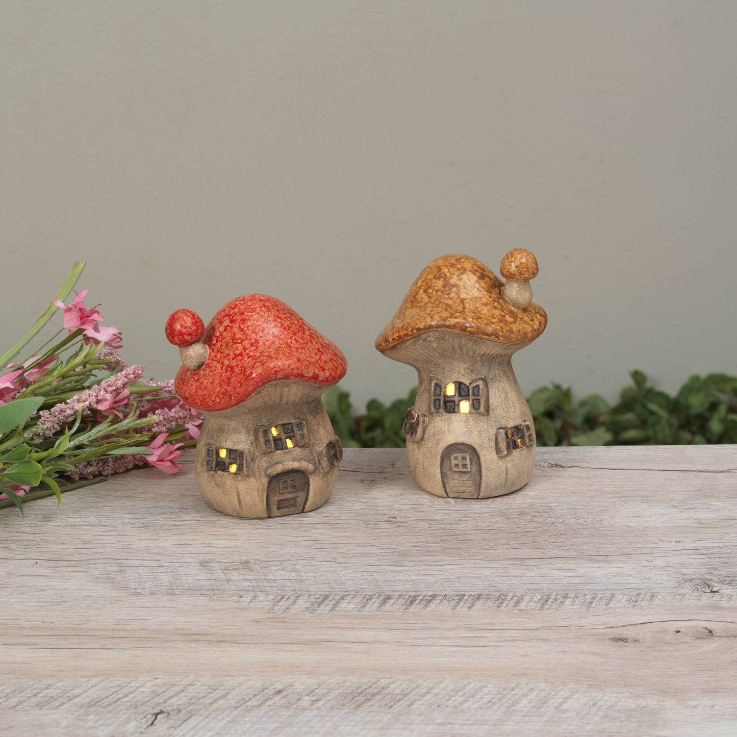 4.92"H B/O Lighted Terracotta Mushroom House, 2 Ass