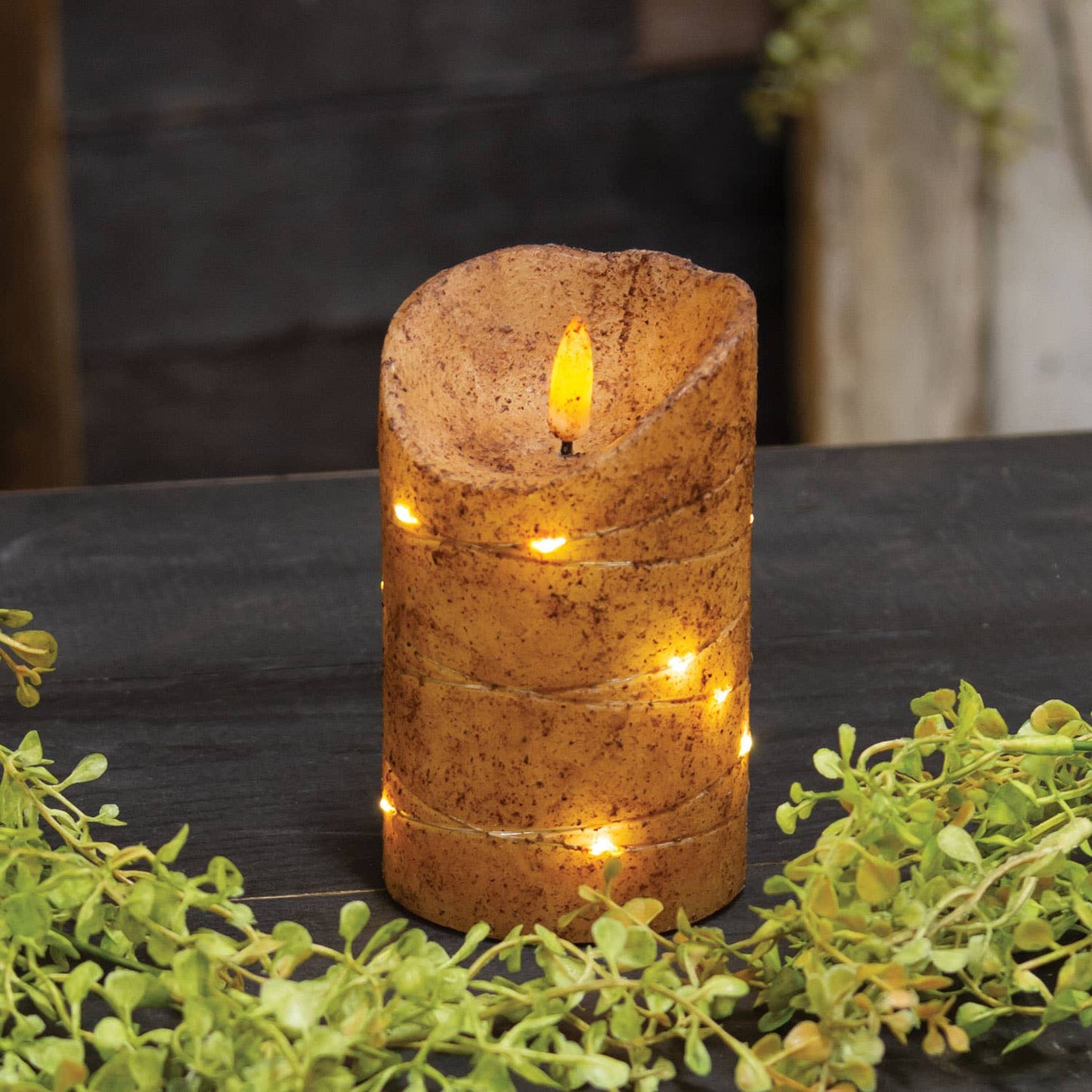 Burnt Ivory LED Wrapped Flicker Flame Timer Pillar, 5"