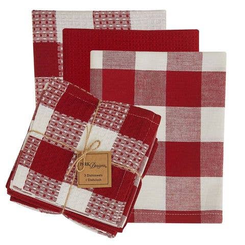Wicklow Check 3 Dishtowel-1 Dishcloth Set - Red & Cream