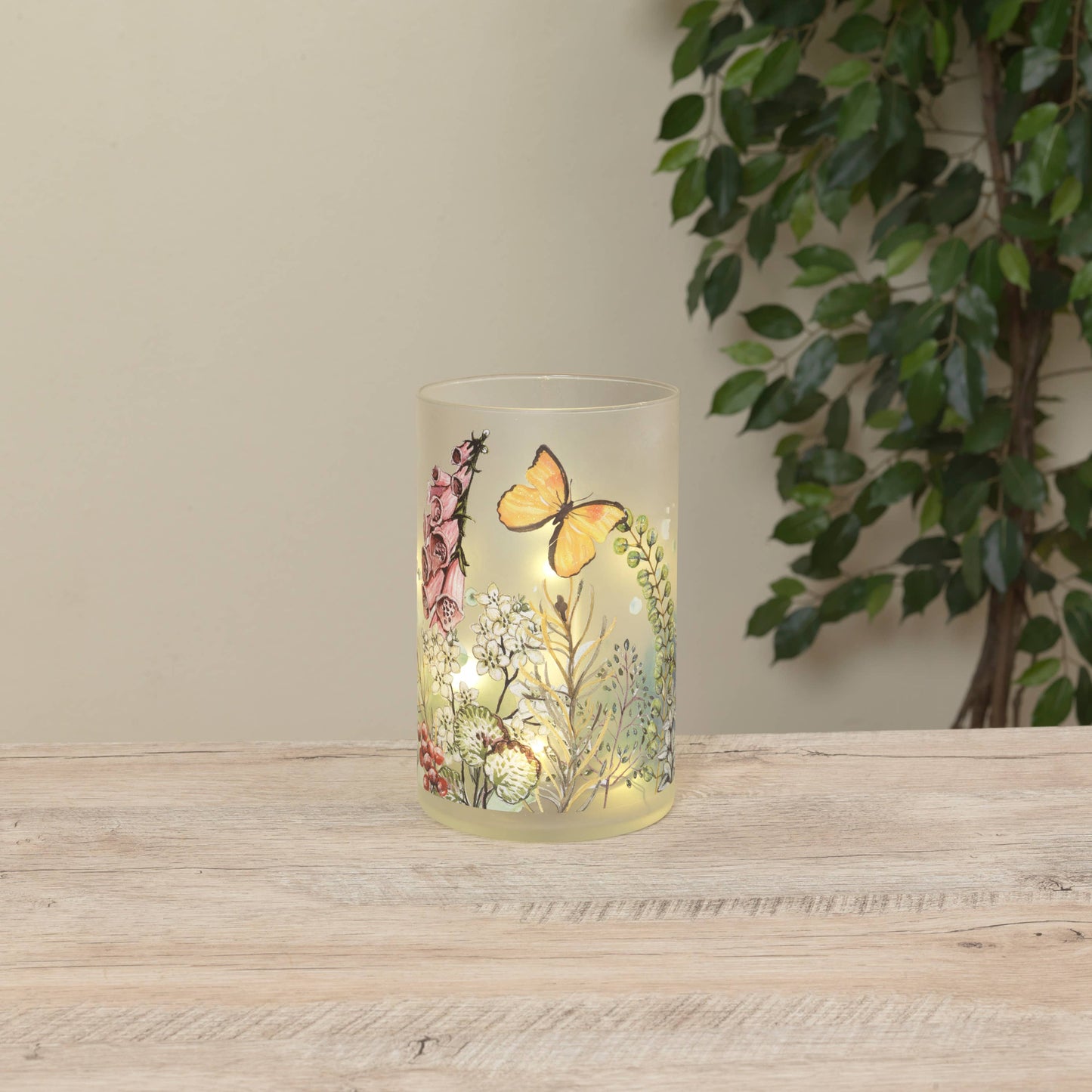 8"H B/O Lighted Frosted Glass Flower & Butterfly Design Luminary