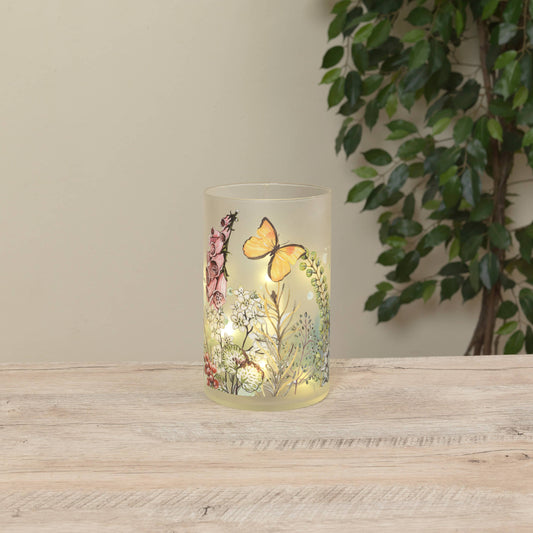 8"H B/O Lighted Frosted Glass Flower & Butterfly Design Luminary
