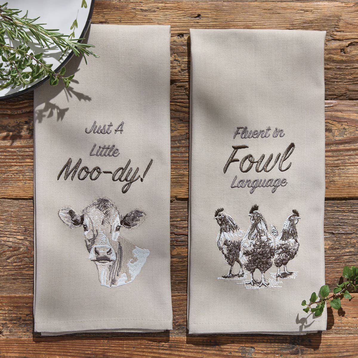 Just A Little Moo-Dy Embroidered Dishtowel
