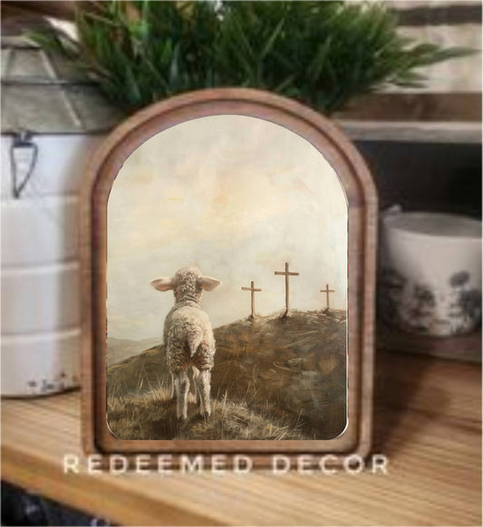 Arch Top 3 Crosses Lamb Framed Art