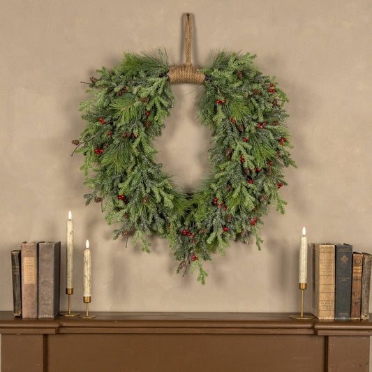 30" GLITTERED PINE & RED BERRY HANGING WREATH
