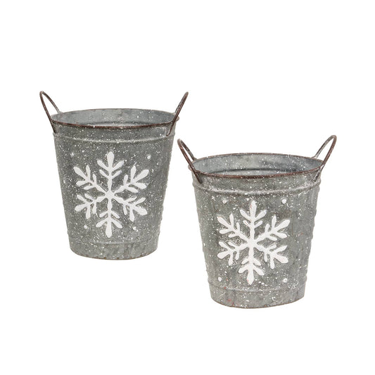 2/Set, White Washed Snowflake Embossed Metal Buckets