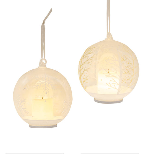 4" Winter Pattern Bulb Ornament w/LED Candle - 2 Assorted