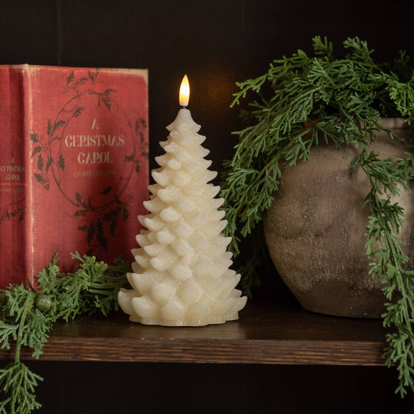 8" CREAM SHIMMER 3D FLAME BALSAM TREE CANDLE